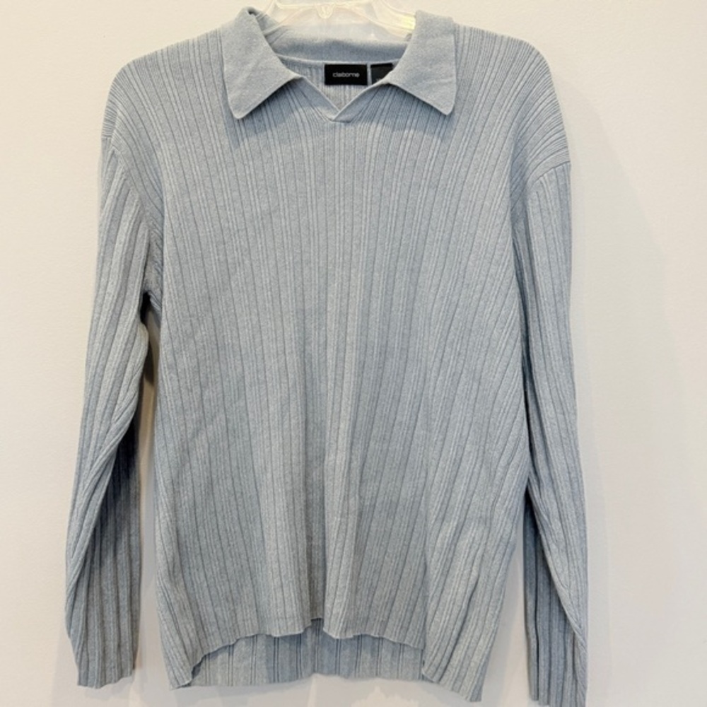 Liz Claiborne Men’s Collared V Neck Blue Knit Sweater Sz L AN